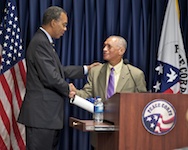  Peace Corps Director Aaron S. Williams thanks National Aeronautics and Space Administration (NASA) Administrator and retired Marine Corps Maj. Gen. Charles F. Bolden, Jr. for coming to Peace Corps headquarters.