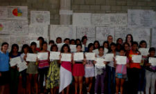 Peace Corps volunteers Emily Fiocco, Ashley Gavin and Kendra Hasenick with members of the leadership camp.
