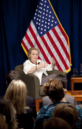  Secretary of State Madeleine K. Albright discusses the state of public service abroad, global education, and the role of Peace Corps with Peace Corps Director Aaron S. Williams. The event was held at Peace Corps headquarters in Washington, D.C. as part of the Loret Miller Ruppe Speaker Series.