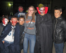 Peace Corps volunteer Sara Scholin with Macedonian students during the costume contest.
