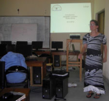Peace Corps volunteer Elizabeth Crompton teaching a class at the local university.
