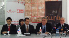 Peace Corps/Armenia Country Director David Lillie speaks at a press conference, along with the director of the Armenian Red Cross Society and executives from Armenian mobile companies, to announce the launch of the SMS Information Hotline.