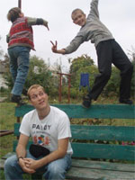Peace Corps Volunteer Grant Earich with neighbor children in Mryn, Ukraine