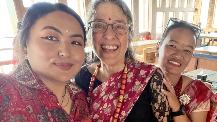 Karen and two students in Nepal
