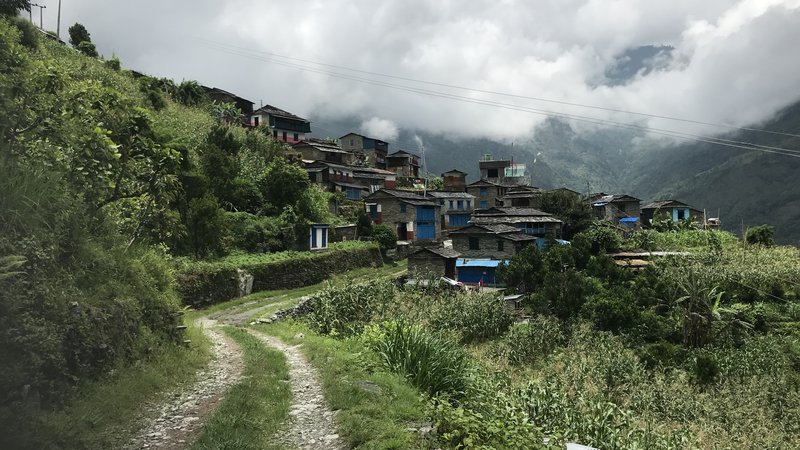A view of a green and steep village in Nepal. Many houses are on a hillside, and many of them are blue.