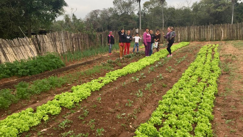 A garden full of green crops grows next to a group of women in Paraguay.