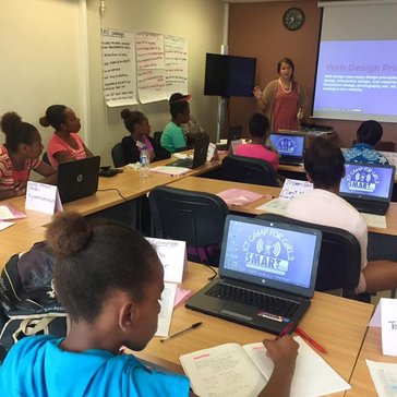 Teaching web design principles at the ICT Camp for Girls in Port Vila, Vanuatu