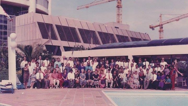 Peace Corps Volunteers and Staff posing for the 10 years anniversary celebration group photograph