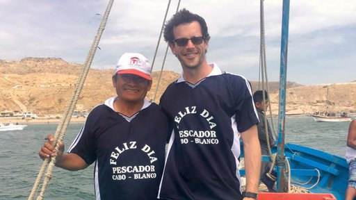 Peace Corps Response volunteer Christopher Giordano with Mercedes Tume, local fisherman.