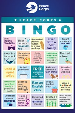 A Peace Corps themed bingo card, blue in color
