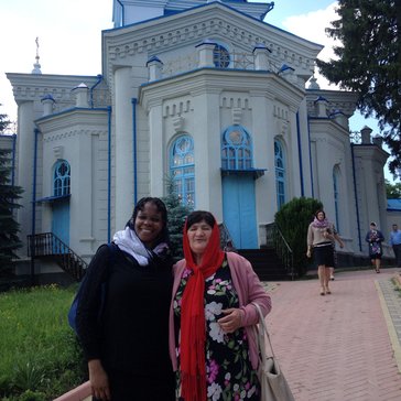 Carole Anne Reid in front of a church in Moldova.