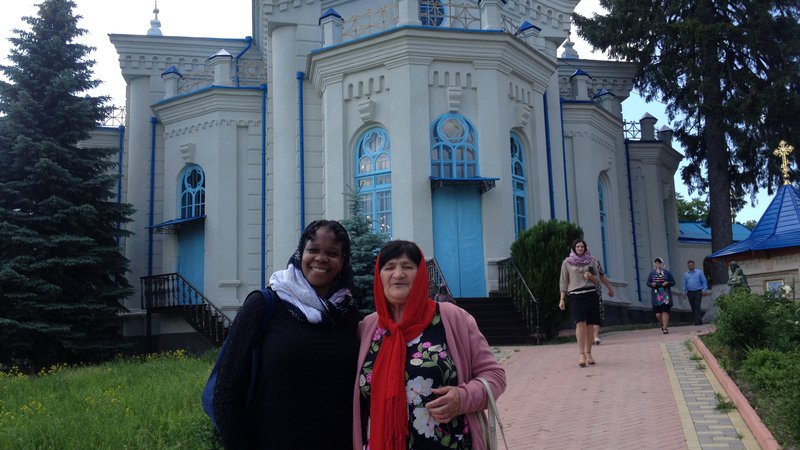 Carole Anne Reid in front of a church in Moldova.