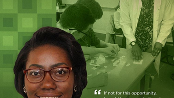 A picture of a young black woman with green background and graphics celebrating black history month