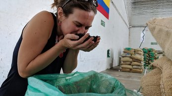 Kait smelling Coffee in Colombia