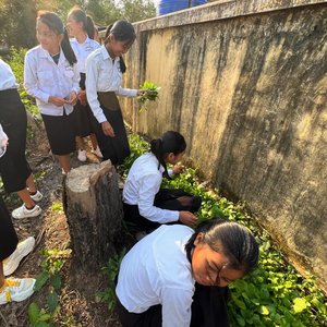 Students working in a garden in Cambodia