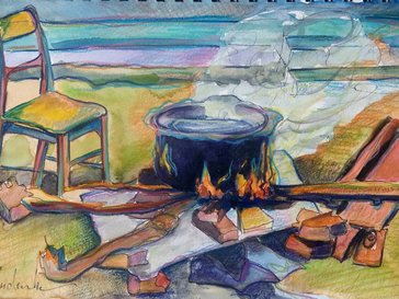 A watercolor painting of a colorful fire with a pot of boiling nsima balanced across 3 stones