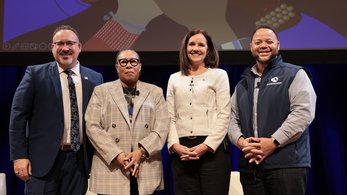 Peace Corps Director Carol Spahn on stage with Secretary Cardona, Secretary Fudge, and AmeriCorps CEO Smith at George Washington University