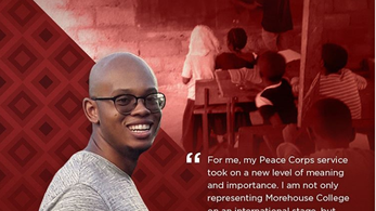 A young black man smiles with a red background and graphics to celebrate black history month