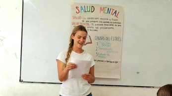 Peace Corps Ecuador Volunteer practicing her classroom skills during pre-service training