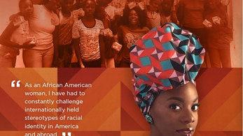 A black woman with colorful dress and headscarf and graphic design