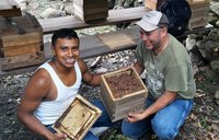 Two men remove the cover of a bee hive.