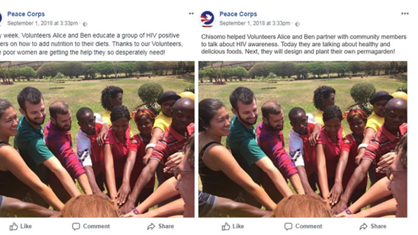 Every week, Volunteers Alice and Ben educate a group of HIV positive mothers on how to add nutrition to their diets. Versus: Chisomo helped Volunteers Alice and Ben partner with community members to talk about HIV awareness.
