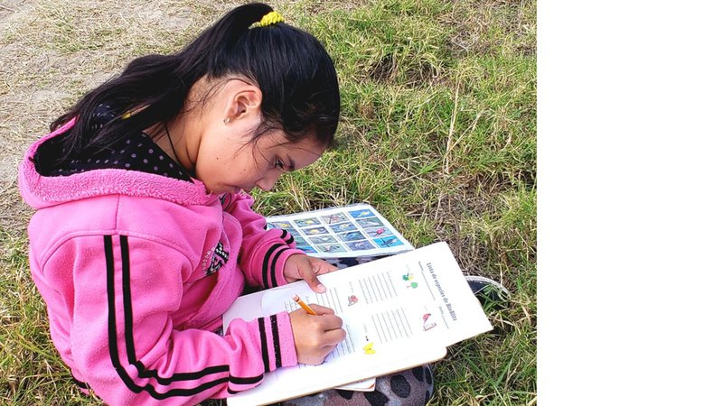 Araceli sits in the grass, making notes of the flora and fauna around her on a clipboard.