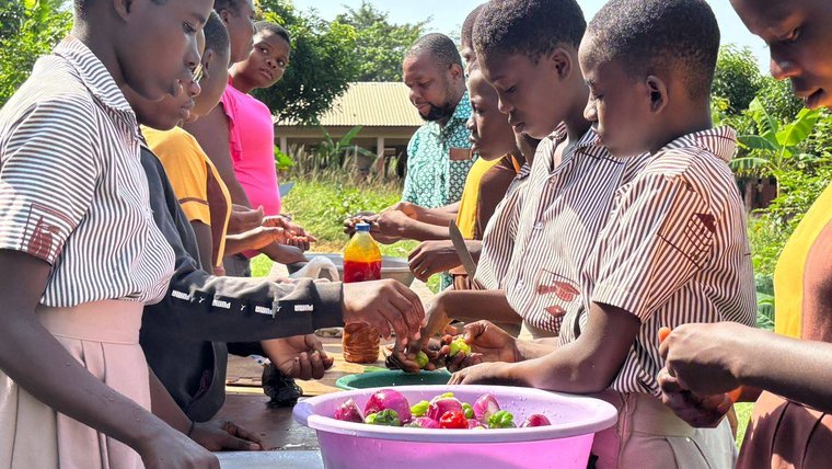 Young girls in Ghana wash produce