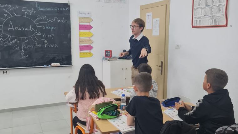 CJ teaches animal names to fourth graders in Albania.