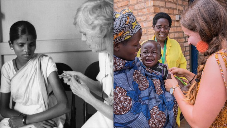 Two photos of Peace Corps Volunteers serving in the 1960s and today