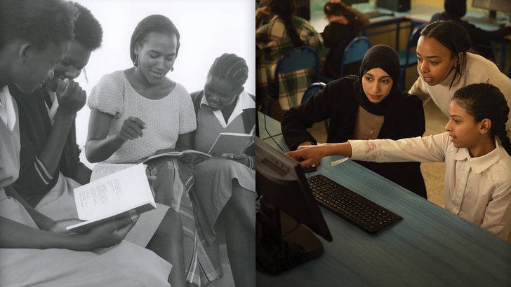 Two photos of Peace Corps Volunteers serving in the 1960s and today