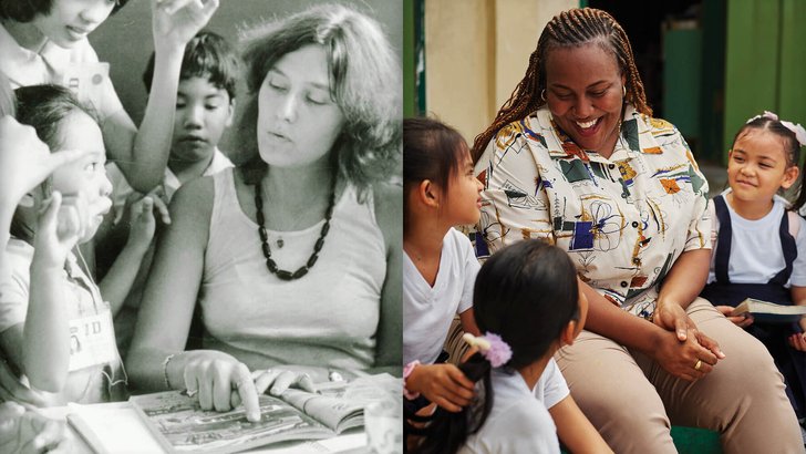 Two photos of Peace Corps Volunteers serving in the 1960s and today