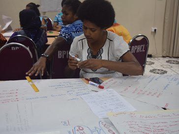 Woman sitting at a table working on posters