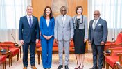Photographed Left to Right: U.S. Ambassador to the Republic of Benin Brian Shukan, Peace Corps Director Carol Spahn, President of the Republic of Benin Patrice Talon, Peace Corps Country Director/Benin Marguerite Roy, Republic of Benin Minister of Justice