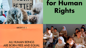 Human Rights Day graphic with four images that show people
