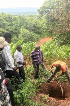 A group of community members stand around a large hill in a farm plot, preparing to plant a bamboo seedlings in its home