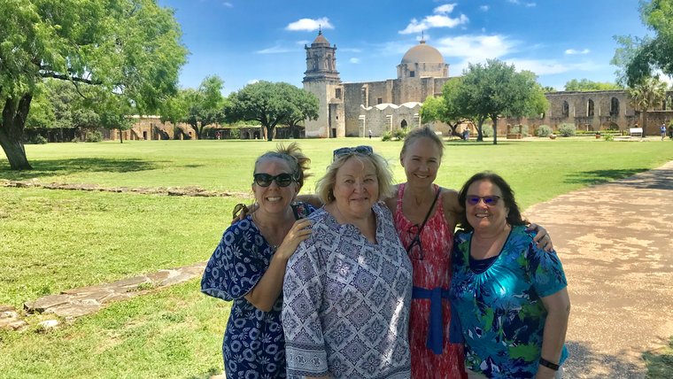 Erin, Mary Mone (Erin and Colleen's mother), Colleen, and Mary Quijano at the San Jose Mission