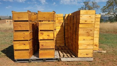 Large wooden stacks of beehives