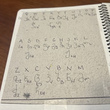 Handwritten Georgian alphabet with English translations on a notepad.