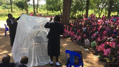 Pupils at school demonstrating how to effectively use a mosquito net