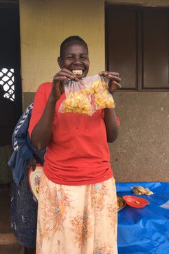 Participant showing off her packaged sweet potato chips