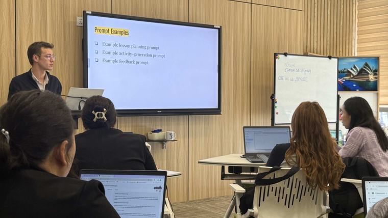 Jaden teaches at an English workshop for adult learners
