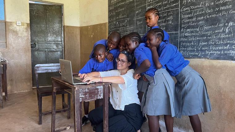 Julia hosts a student-led video call with students in America