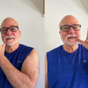 A man swipes his thumb across his chin from left to right