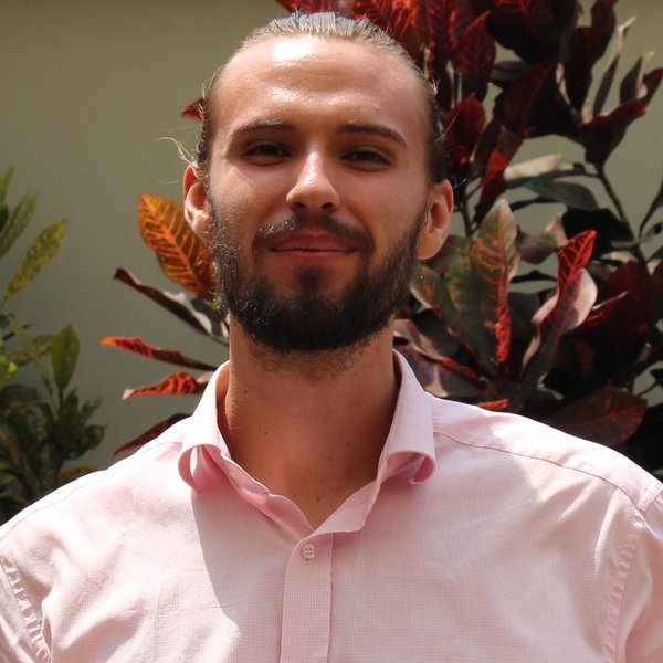 A bearded young male person with a pink shirt stands in front of a flower grove