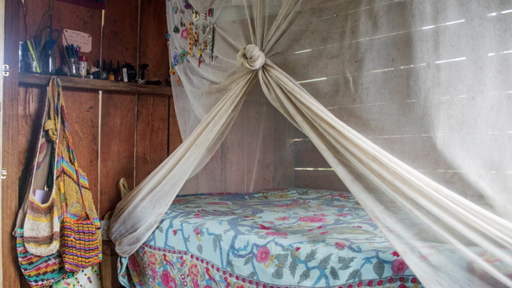 A bed with a mosquito net tied up inside of a wooden house