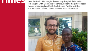 Screenshot of Peace Corps Times Benin. Photo of white male wearing glasses and Black male student from Benin
