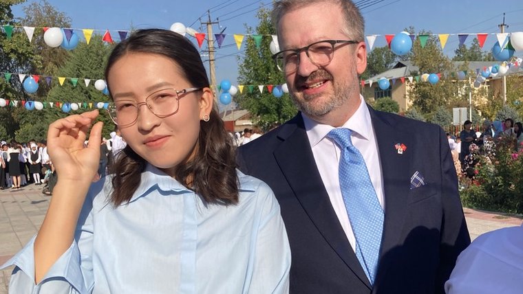 David's primary co-teaching counterpart Alia at the school’s First Bell ceremony that marks the first day of school in the Kyrgyz Republic.
