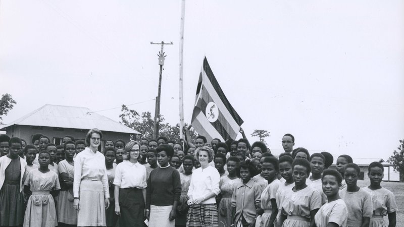 PC Uganda Volunteers, teachers, and students 1964