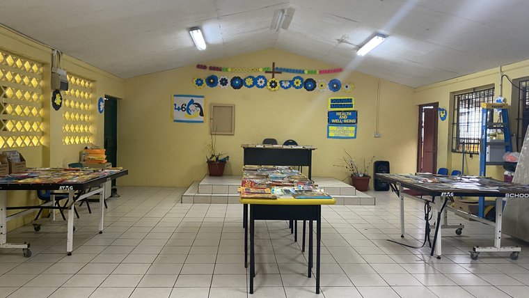 Portable library set up in school hall